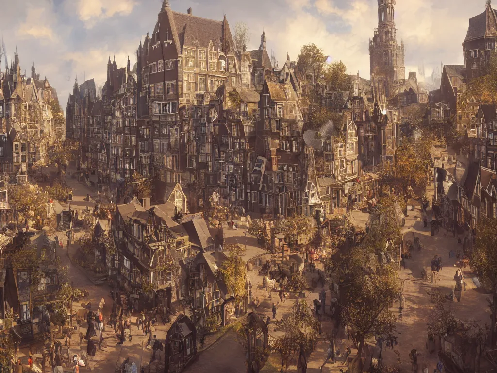 Prompt: a magical town on a slow day, inspired by victorian england and amsterdam, sunny weather, highly detailed, intricate, digital painting, trending on artstation, concept art, matte painting, art by greg rutkwowski, craig mullins, octane render, 8 k, unreal engine