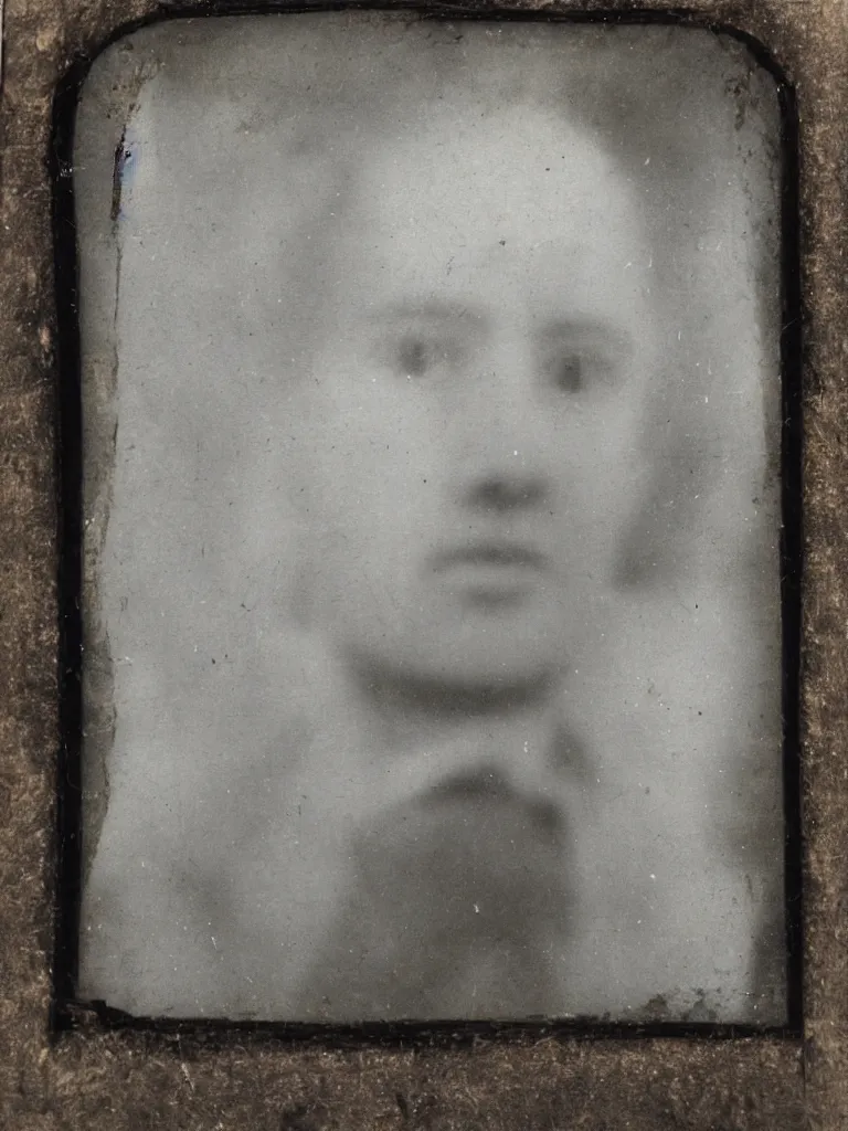 Image similar to found tintype photograph. a ghost's face in a tudor house window