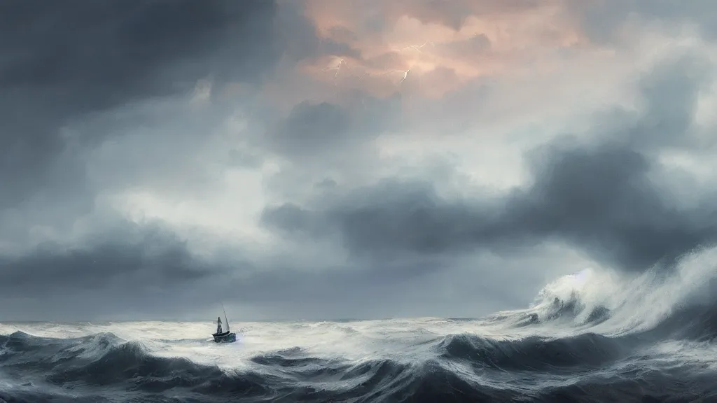 Prompt: small boat a stormy sea, giant waves, lightning in the background, soft digital painting, highly detailed, artstation, sharp focus, illustration, concept art, ruan jia, oil painting, 4 k