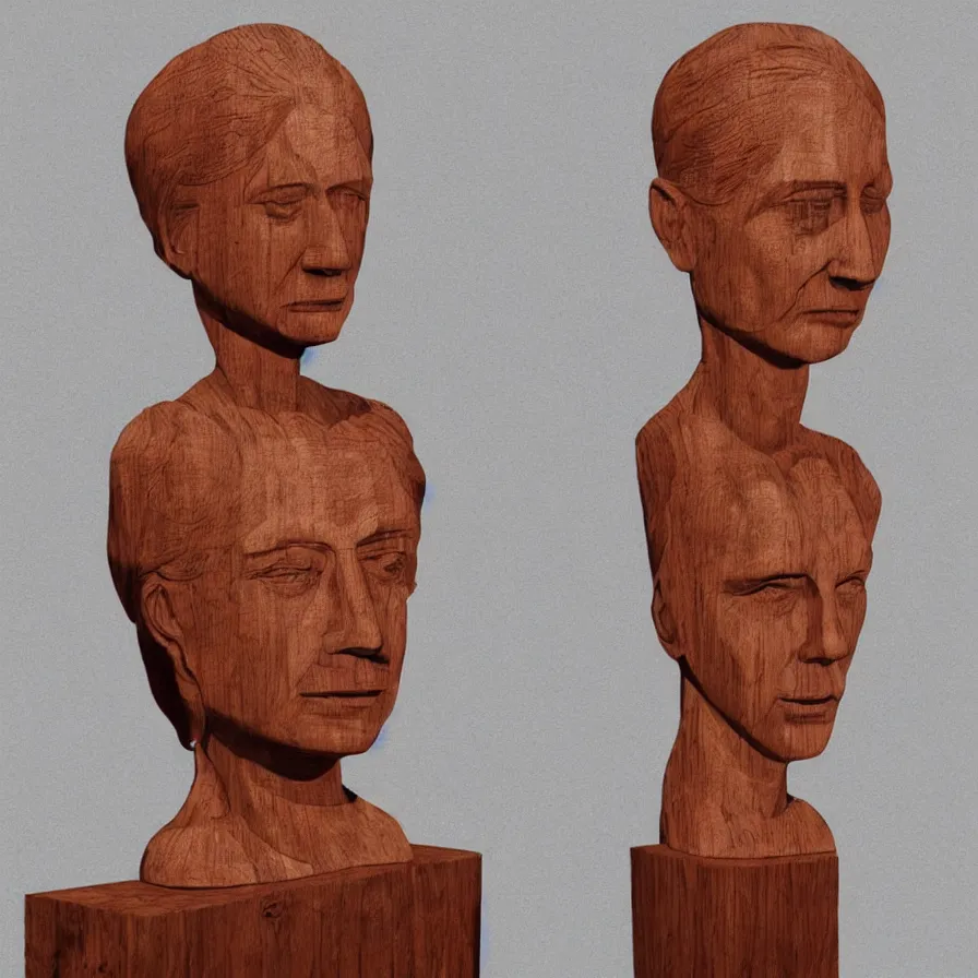 Image similar to public sculpture minimalist portrait of a powerful stern woman, beautiful symmetrical face realistic proportions, carved out of a red oak wood on a pedestal by stephan balkenhol and martin puryear, hyperrealistic dramatic lighting trending on artstation 8 k