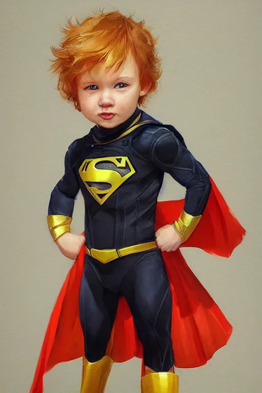 Image similar to a little boy with a michievous face and ginger hair. he is dressed as a superhero. clean elegant painting, beautiful detailed face. by artgerm and greg rutkowski