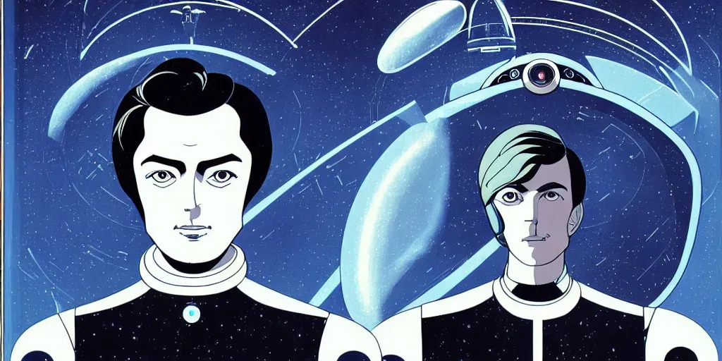 Image similar to a symmetrical portrait of lonely single Alain Delon alone pilot in posing in spaceship station planet captain bridge outer worlds robots extraterrestrial hyper contrast well drawn in Jean Henri Gaston Giraud The Masters of Time FANTASTIC PLANET La planète sauvage animation by René Laloux