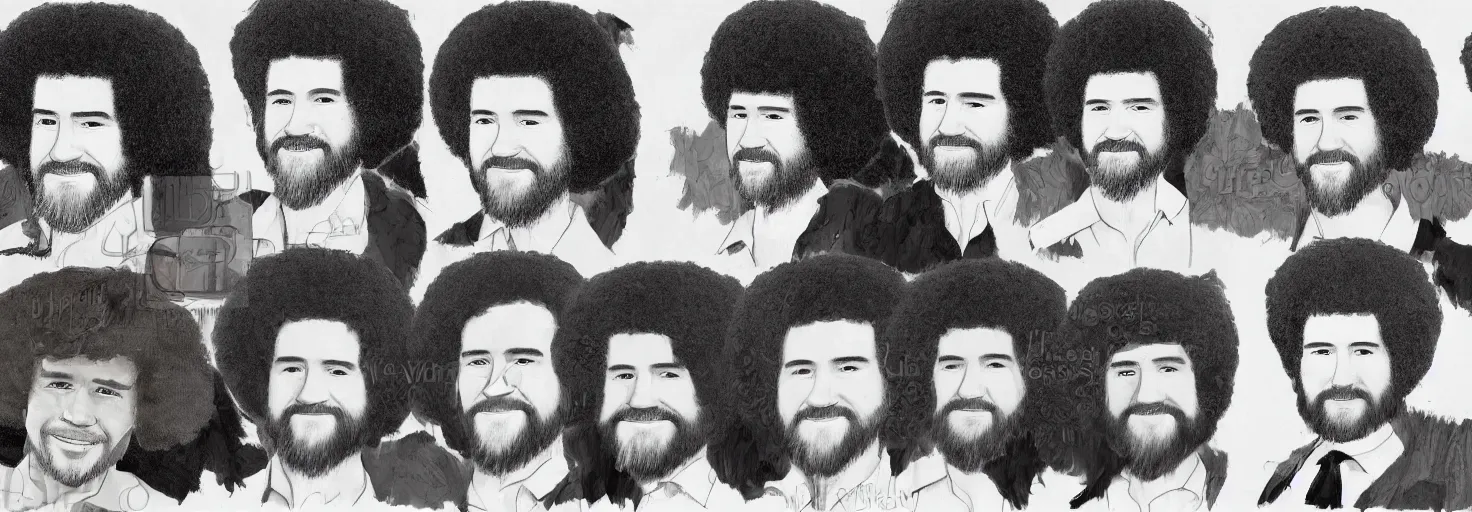 Image similar to bob ross portraits with different hair styles, detail study, by bob ross