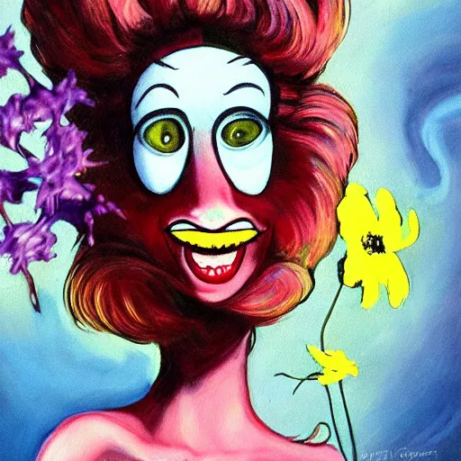 Image similar to painting of a girl with flower eyes by dr seuss | horror themed | creepy