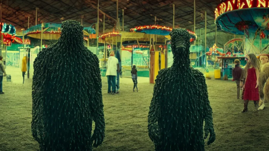 Prompt: the strange creature at the county fair that knew who I was, made of water, film still from the movie directed by Denis Villeneuve with art direction by Salvador Dalí, wide lens