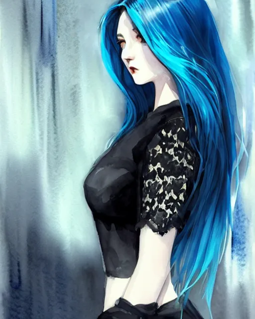 Prompt: watercolor painting of a pretty girl with Blue hair, wearing a Black lace dress, night city. In the style of ilya kuvshinov, dramatic lighting, fantasy, intricate, elegant, highly detailed, lifelike, photorealistic, digital painting, bokeh, HDR, high resolution, artstation, concept art, smooth, sharp focus, art by Krenz Cushart and Albert Aublet