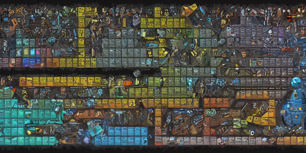 Image similar to Poster of a crazy periodic table from a different universe in the style of portal2, digital art, astonishing great details, award winning, high res