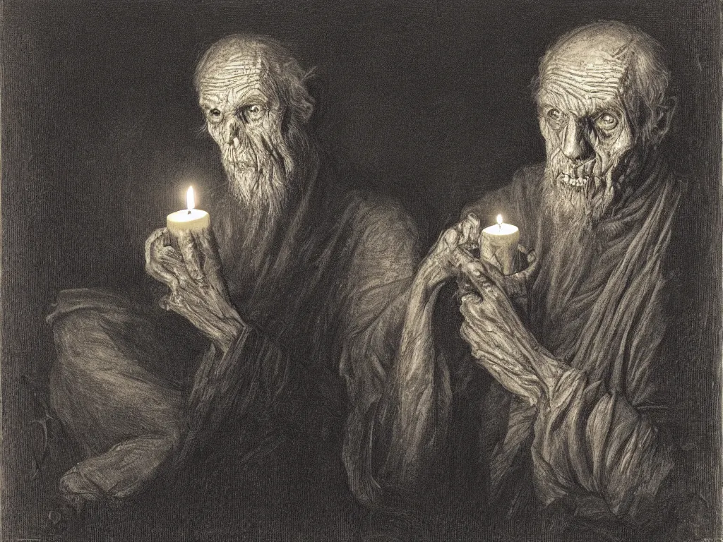 Prompt: Expressive portrait of an elderly zombie. Candlelight. Painting by Gustave Dore, August Sander