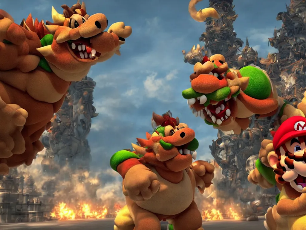 Prompt: Bowser roaring into the sky, standing upright, talons, horns, super Mario, highly detailed, unreal 5, moody atmosphere