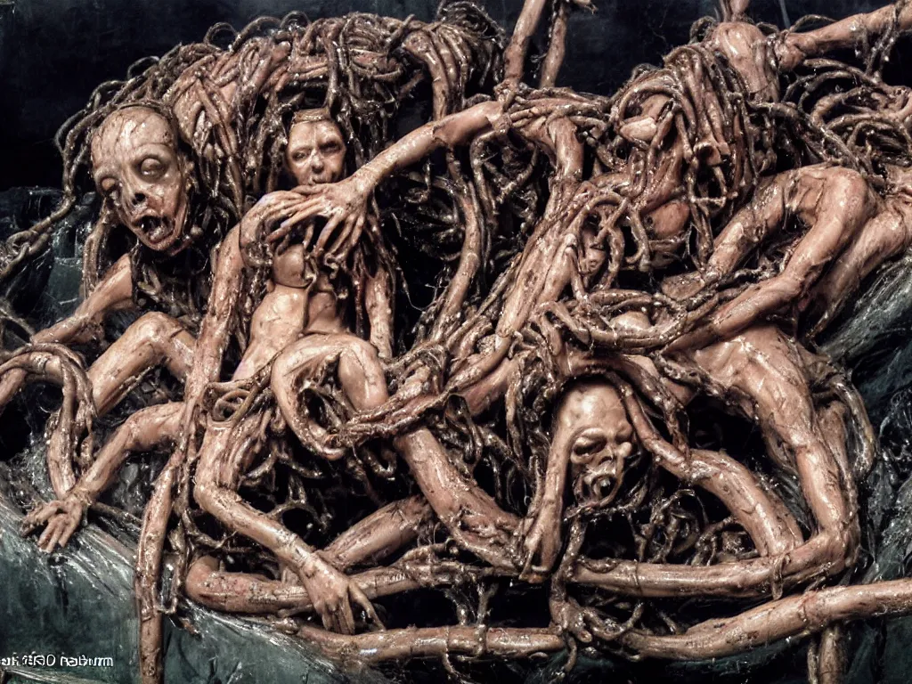 Prompt: the raft of the medusa as an animatronic body horror film, rubber latex, fleshy, Cronenberg, Rick Baker, dramatic film still, daylight, photo real, extremely detailed, wet, slimy, wide angle, rule of thirds, 28mm, 1984, vivid colors, Eastman EXR 50D 5245/7245