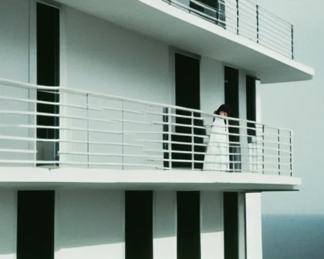 Image similar to a still of a young woman looking out from a huge white balcony of a minimalist house, outside view, low angle, clear sky, minimalist composition, in the music video Wrapped Around your Finger (1983)