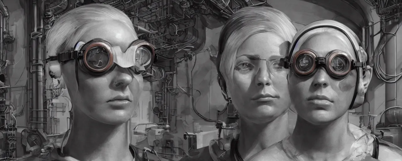 Image similar to character concept art 3 / 4 portrait of tattooed stoic heroic emotionless butch blonde woman engineer with short slicked - back hair, wearing dark victorian goggles, wearing orange bandana around neck, working inside reactor room, awkward and uncomfortable and anxious, dirty, ron cobb. industrial space program, scifi, hyper detailed. octane render. trending on artstation