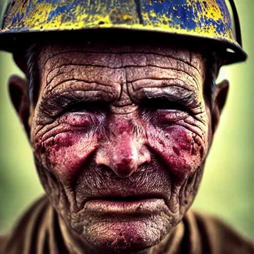 Image similar to A beautiful high quality portrait photo of an old puruvian mine worker with wrinkles, dirty face, helmet, by Steve McCurry, dramatic lighting and colors