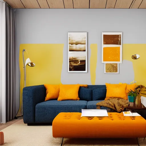 Prompt: interior design of a beautiful cozy living room, vivid colors, yellow and orange color scheme, photorealist, 4 k