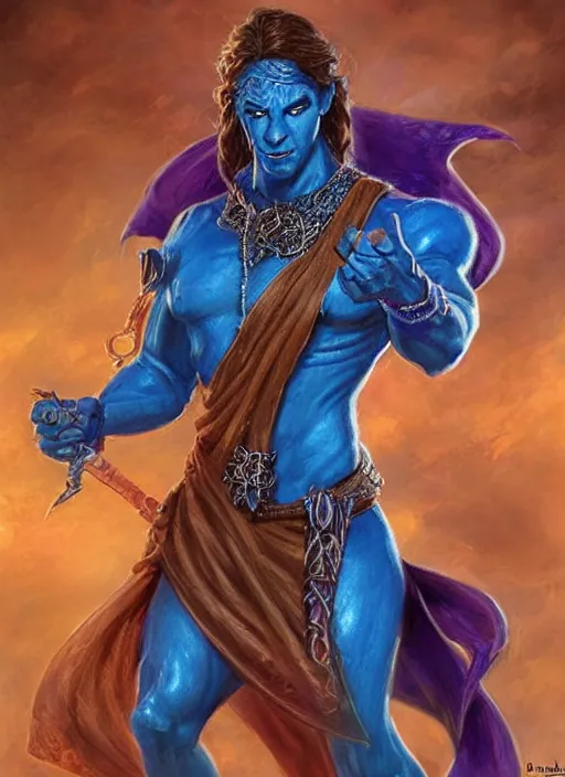 Image similar to blue djinn, ultra detailed fantasy, dndbeyond, bright, colourful, realistic, dnd character portrait, full body, pathfinder, pinterest, art by ralph horsley, dnd, rpg, lotr game design fanart by concept art, behance hd, artstation, deviantart, hdr render in unreal engine 5