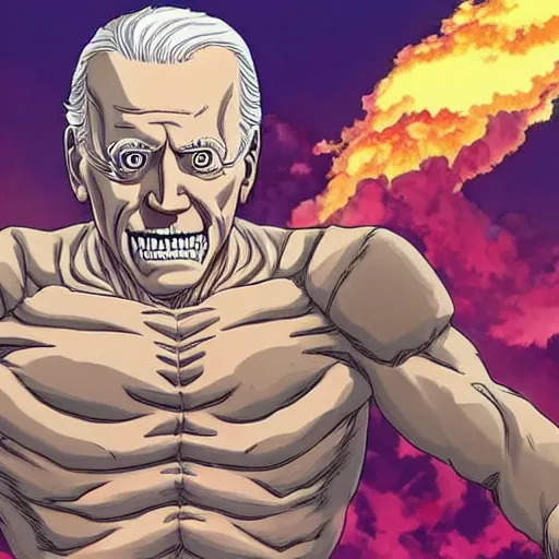 Prompt: joe biden, as the colossal titan, destroying a pink florida mansion, attack on titan, anime key visual, wit studio official media