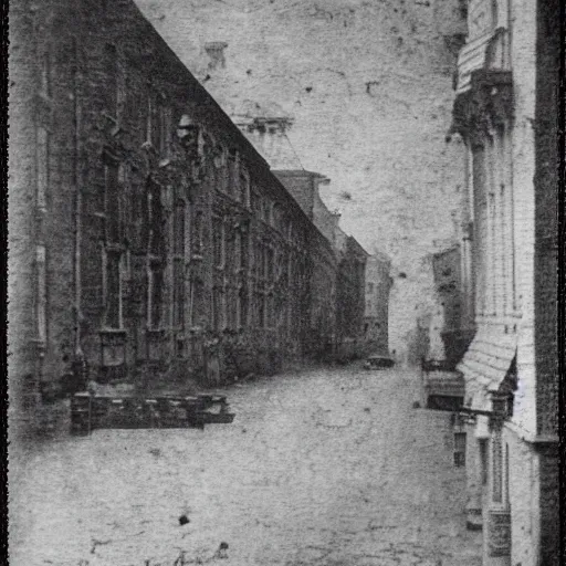 Prompt: street photograph from the 1600s, faded, blurry, first ever photograph