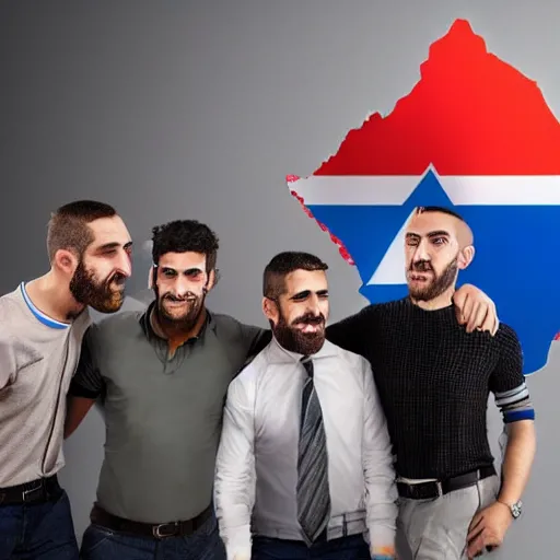 Image similar to a group of men holding another man's nose, his nose is 3 meters wide, super realistic, in the background is the israeli flag, very detailed.