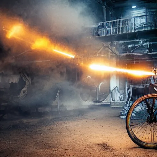 Image similar to bicycle mecha, dark messy smoke - filled cluttered workshop, dark, dramatic lighting, orange tint, sparks, cinematic, highly detailed, sci - fi, futuristic, movie still