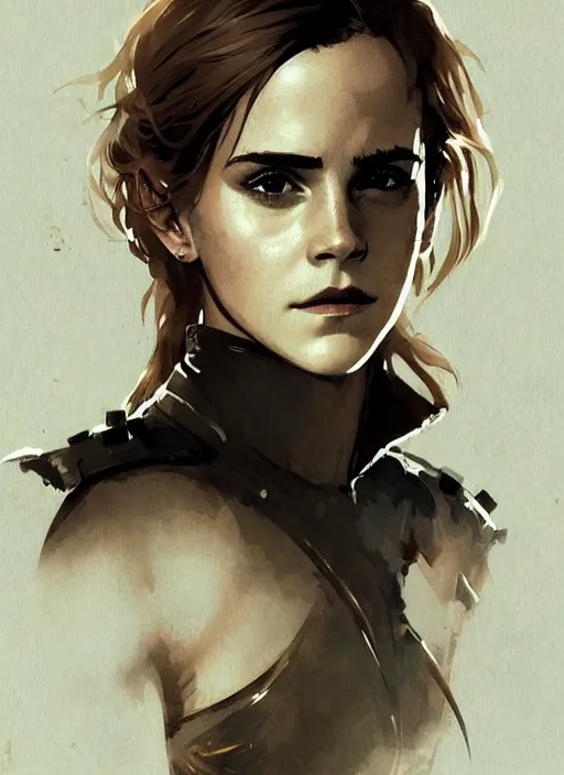 Image similar to emma watson wearing metal gear armour art by Hokusai by greg rutkowski by wlop high detail comic sharp vector lineart dramtic lighting artstation by trevor henderson by ross draws cinematic dramatic