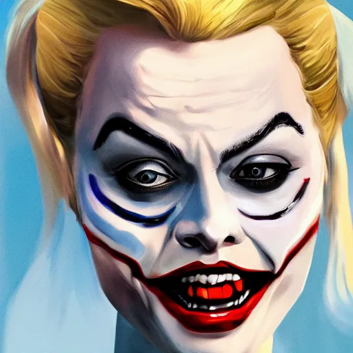 Image similar to Margot Robbie as Harley Quinn, kissing the joker, highly detailed, digital painting, artstation, concept art, smooth, sharp focus, illustration, art by jeff koons C 10.0