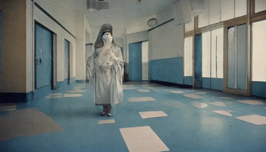 Image similar to 60s movie still of a white japanese female phantom mask in an empty soviet stalinist style hospital with yellow tiles floor with light blue beds, cinestill 800t 35mm technicolor, heavy grain, high quality, higly detailed, liminal space