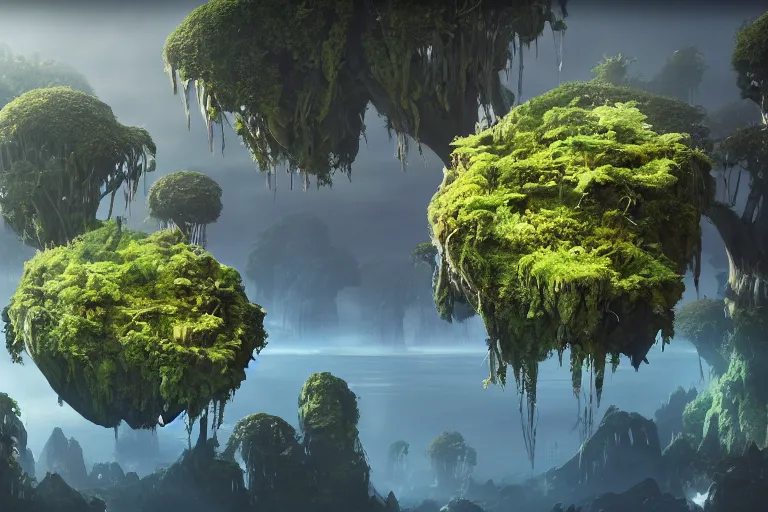 Prompt: floating islands connected with roots, avatar like landscape, high - tech space cult with trees and plants and alien flowers, dramatic lighting, epic, octane render, volumetric light, unreal engine, artbreeder, 8 k, background, scene, digital, artwork, high quality, 8 k