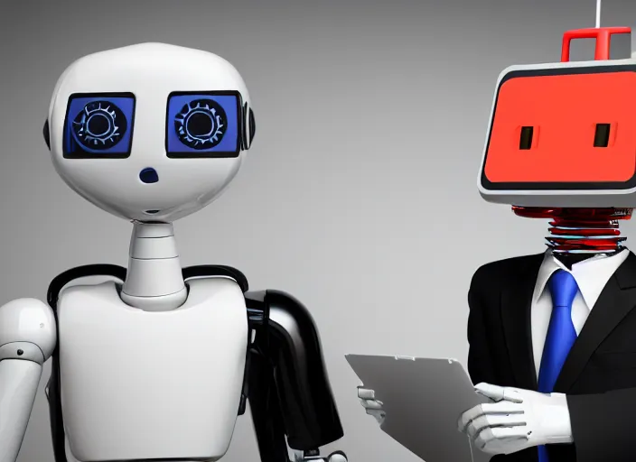 Image similar to A severed head and a Robot, business meeting