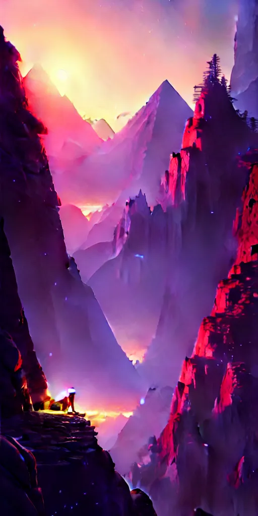 Image similar to highly detailed mountain in night, gta v, stephen bliss, unreal engine, fantasy art by greg rutkowski, loish, rhads, ferdinand knab, makoto shinkai and lois van baarle, ilya kuvshinov, rossdraws, tom bagshaw, global illumination, radiant light, detailed and intricate environment