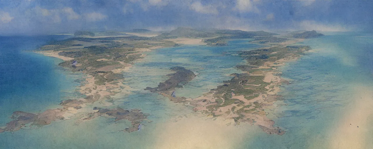 Image similar to a beautiful landscape painting of a tropical island in the middle of the ocean, by alfons maria mucha, trending on artstation, super ultra detail, aerial photography