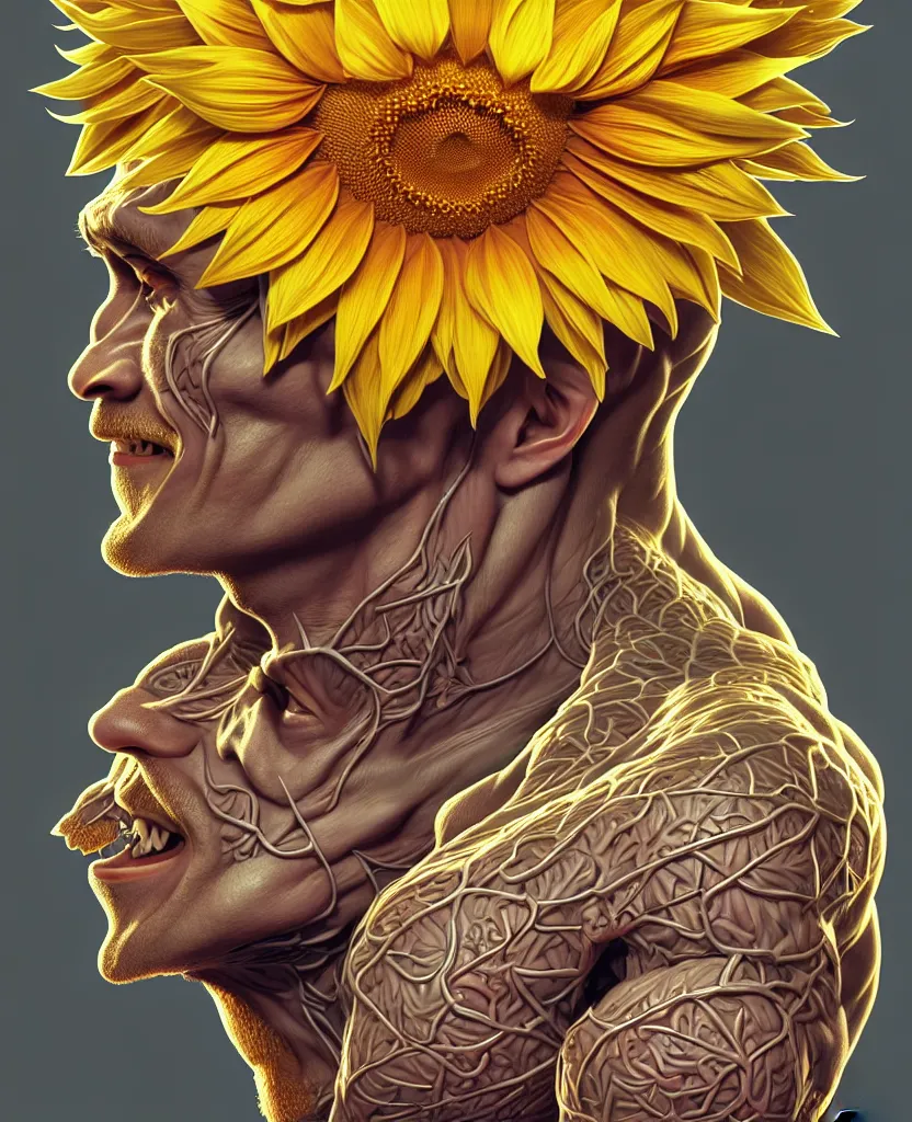 Image similar to digital art, centered full body of Putin smiling king, Sunflower crown, ,intricate, veins, by James Jean and by artgerm , by ross tran ultradetailed, charachter design, concept art, trending on artstation,