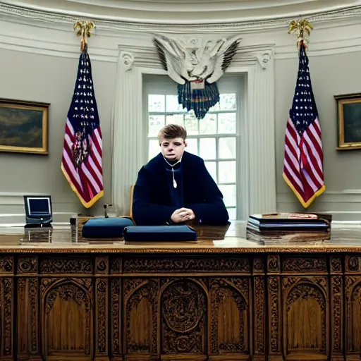 Image similar to cinematic shot of Yung Lean sitting in the desk in the oval office, 8k, very intricate, very detailed,