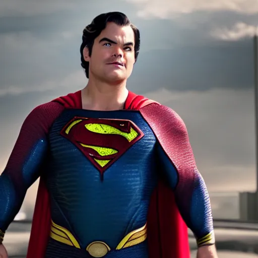 Image similar to jack black starring as superman, movie still, 8 k