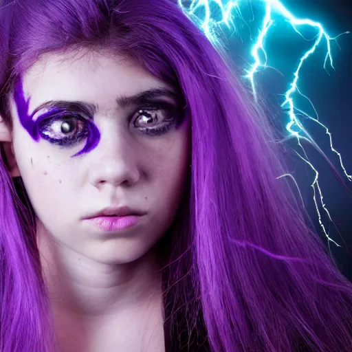 Image similar to detailed photo portrait of a furious teen girl with thin, hair-like purple tentacles on her head and bright purple eyes, 8k, trending on DeviantArt, face enhance,hyper detailed ,full of colour, dramatic lightning