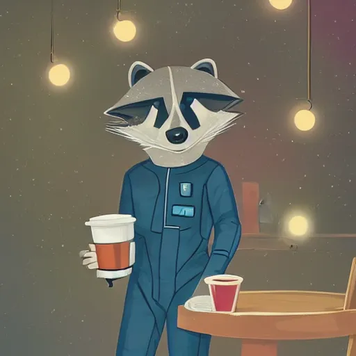Prompt: portrait of a cute humanoid raccoon wearing a space jumpsuit drinking a latte in a cafe with glowing string lights, flowering houseplants in the background, cinematic, intricate details, trending on artstation, digital painting, anime key visual, + n 4