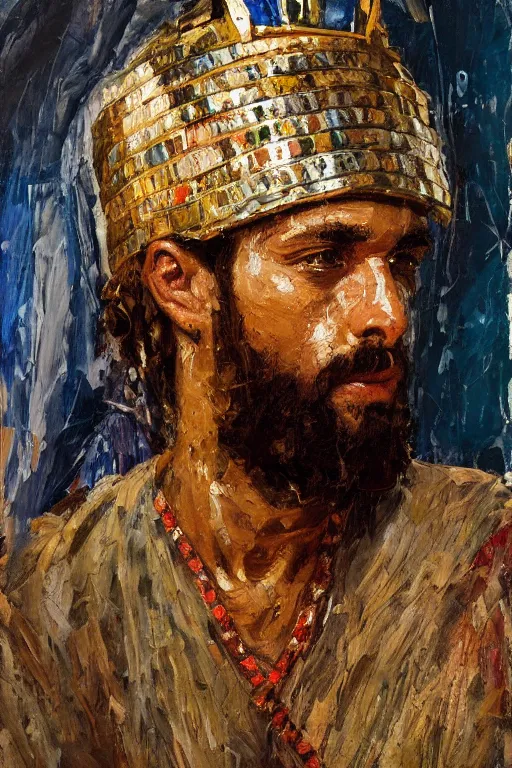 Image similar to highly detailed palette knife oil painting of a historically accurate depiction of the ancient biblical egytian prince Joseph, thoughtful, by Peter Lindbergh, impressionistic brush strokes, painterly brushwork