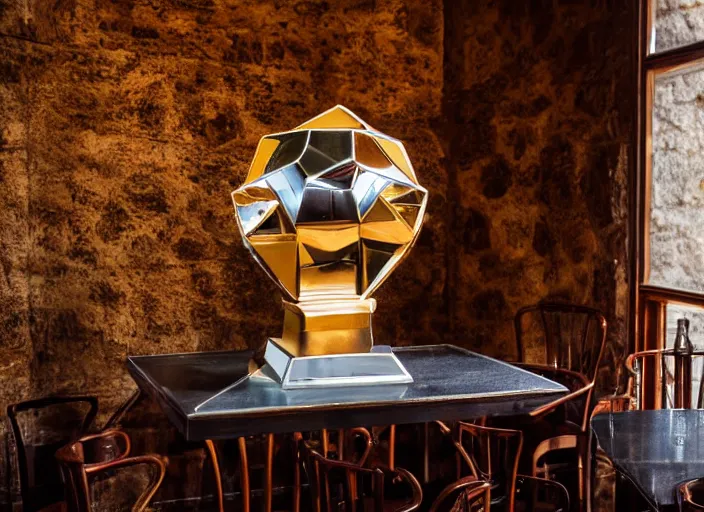 Image similar to a reflective geometric polyhedral steel engineering trophy at a high end bar in a medieval themed castle in golden afternoon light, professional food photography