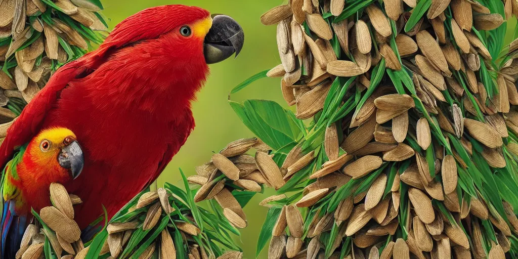 Image similar to an angry red winged parrot sitting in a tree, surrounded by sunflower seeds, high detail, national geographic photorealistic