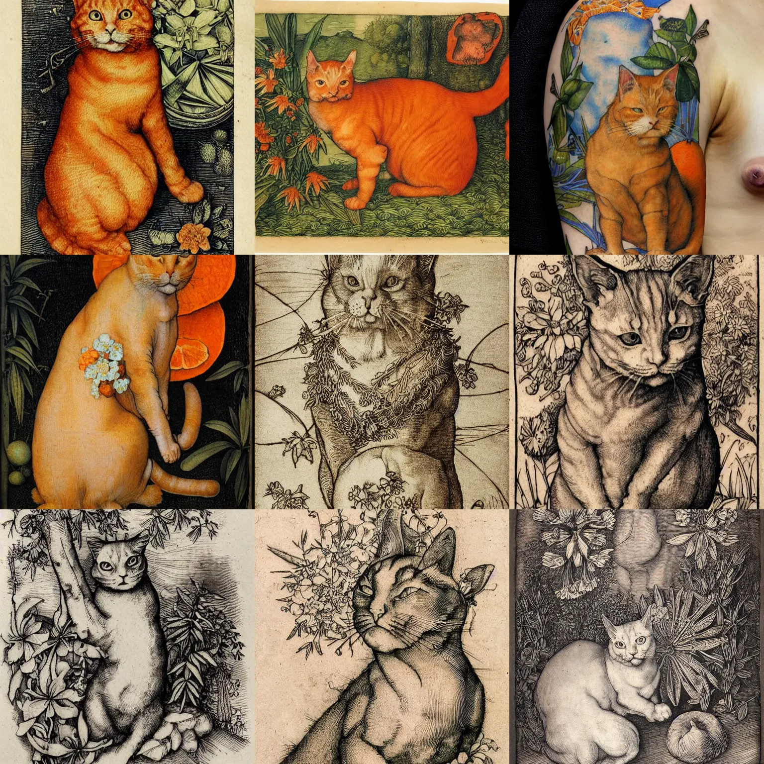 Prompt: albrecht durer, albrecht altdorfer, hans holbein, lucas cranach, gustave dore, engraving-style tattoo of orange and white cat surrounded by orange blossoms