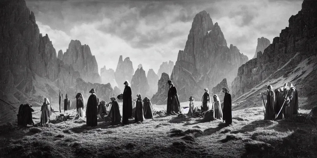 Image similar to 1920s photography of an occult ceremony meeting with dolomites in the background, priests with hay coats and horns, occult signs, wicca, alp, dolomites, alpine, detailed intricate insanely detailed octane render, 8k artistic 1920s photography, photorealistic, black and white, chiaroscuro, hd, by David Cronenberg, Raphael, Caravaggio