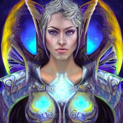 Image similar to Shoulder level close up portrait of a seraphim angel fused with wisp night elves from warcraft 3 , neo solar punk future future metaverse minimal intricate cyborg, sculpted technology tech techno angelic warrior by Mandy Jurgens, cartoon, oil painting , visionary art, symmetric, Heavenly symbols, holy halo, astral patterns, sci-fi