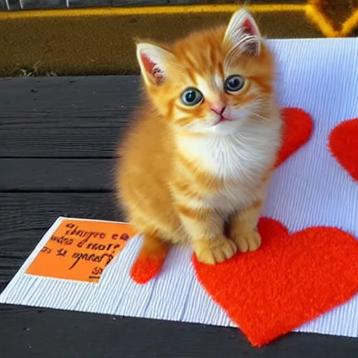 Image similar to cute fluffy orange tabby kitten with a sign that says