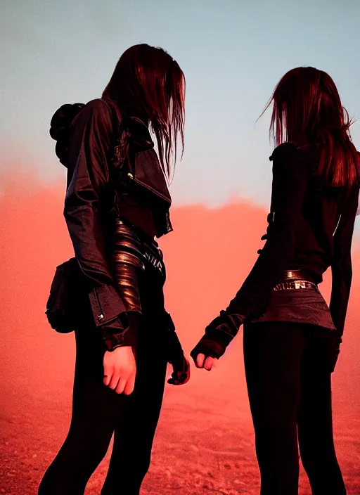 Image similar to cinestill 5 0 d photographic portrait of two loving female androids wearing rugged black techwear on a desolate plain with a red sky, extreme closeup, cyberpunk style, in front of a brutalist dark metal facility, dust storm, 8 k, hd, high resolution, 3 5 mm, f / 3 2, ultra realistic faces, ex machina