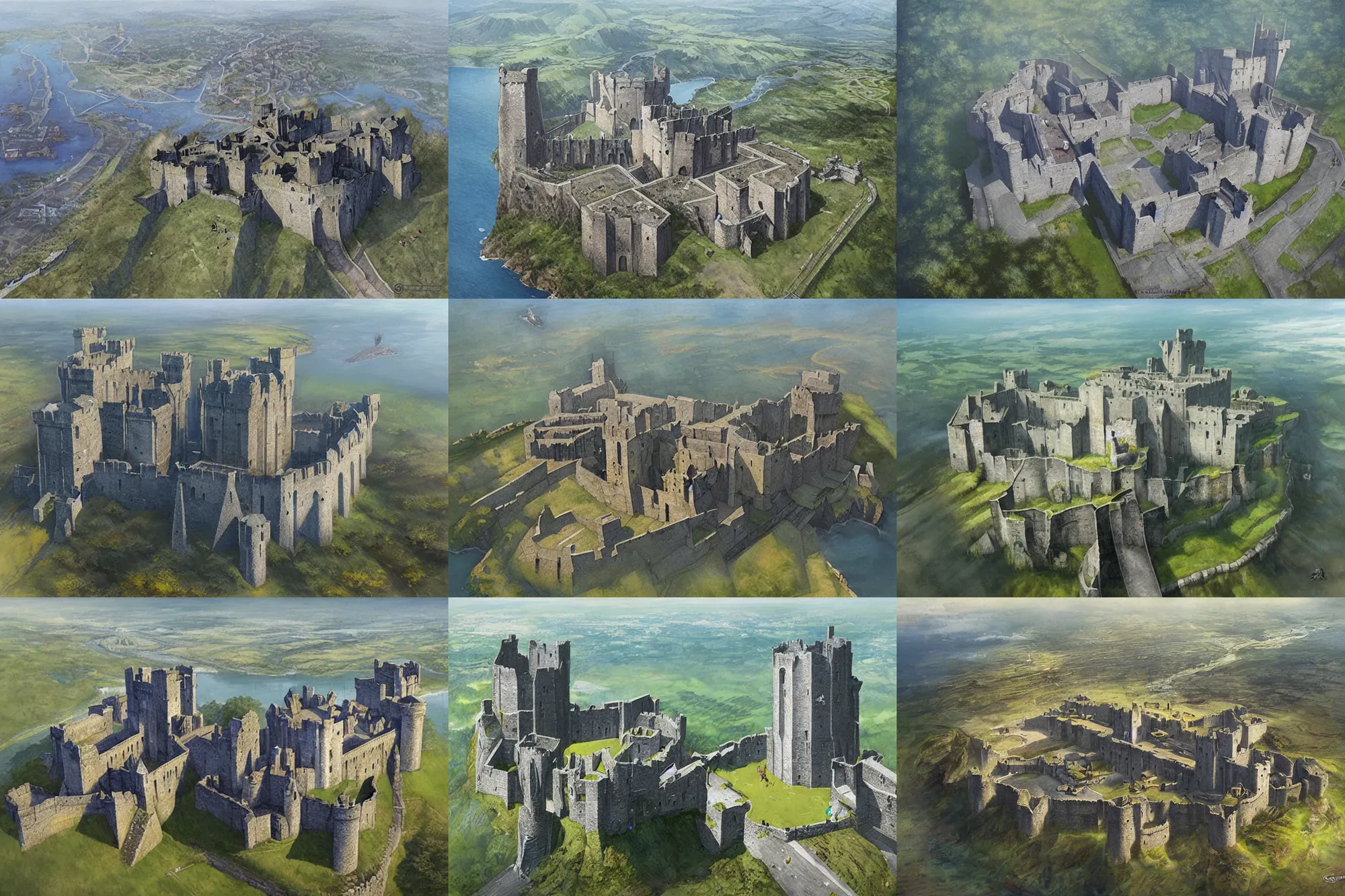 Prompt: caernaerfon castle, aerial view, art by artgerm and greg rutkowski and magali villeneuve