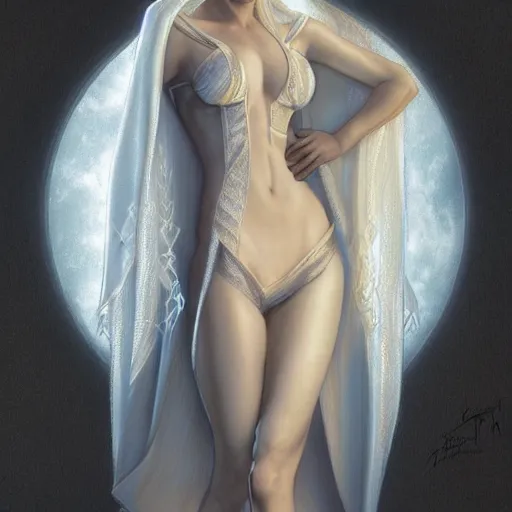 Image similar to full figure ultra realistic illustration, evan rachel wood as emma frost, intricate, elegant, highly detailed, digital painting, artstation, concept art, smooth, sharp focus, illustration, art by artgerm and greg rutkowski and alphonse mucha