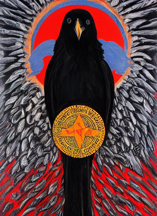 Image similar to portrait centered on a raven in a vantablack cloak and holding a symbolic weapon. painting in the style of symbolism. portrait hung up in a windows 9 8 wallpaper. r / oldschoolfantasy