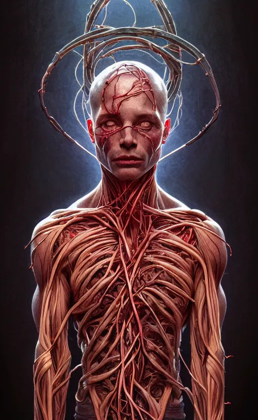 Image similar to portrait of a dark god, bloody wires, visible veins and nerves and muscles and bones and arteries, intricate, headshot, highly detailed, digital painting, artstation, concept art, sharp focus, cinematic lighting, illustration, art by artgerm and greg rutkowski, alphonse mucha, cgsociety