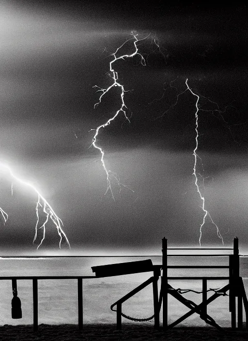 Prompt: a 2 8 mm macro photo of lightning striking a lifeguard chair at the beach, long exposure, misty, night, splash art, movie still, bokeh, canon 5 0 mm, cinematic lighting, dramatic, film, photography, golden hour, depth of field, award - winning, anamorphic lens flare, 8 k, hyper detailed, 3 5 mm film grain