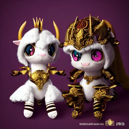 Prompt: cute fumo plush of a goat girl with horns, anime girl, tribal outfit with intricate celtic knot patterns, golden pauldrons, gothic maiden, artstation, vray