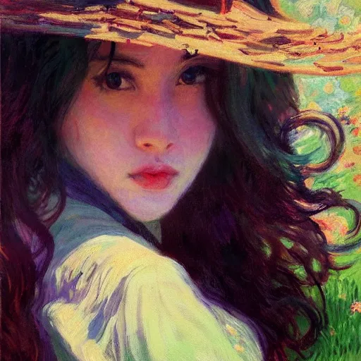 Image similar to Monet portrait painting of a beautiful girl, medium shot, asymmetrical, profile picture, Organic Painting, sunny day, Matte Painting, bold shapes, hard edges, street art, trending on artstation, by Huang Guangjian and Gil Elvgren and Sachin Teng